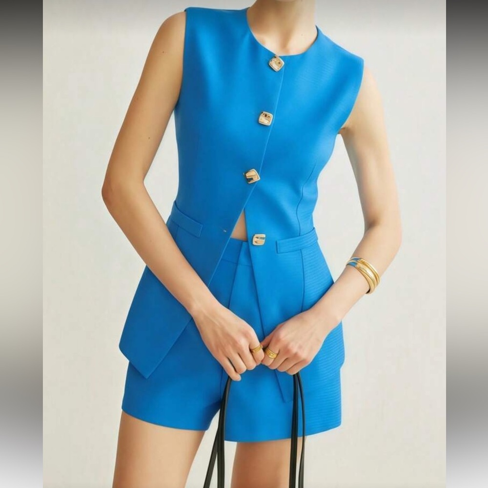 Sleeveless Blue Tailored Vest and Shorts Set - Picture 2 of 7